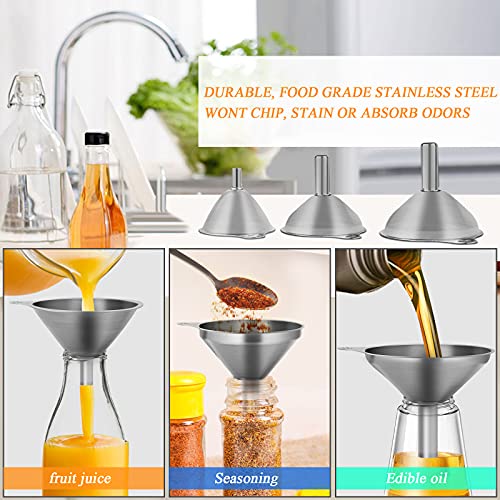 6 Pcs Stainless Steel Mini Funnels for Kitchen use. Large Tiny Small Funnel Set of 3, Metal Cooking Powder Food Grade Flask Funnels for Filling Bottles Liquor Water Spice, 2Pcs Cleaning Brushes VOPTON