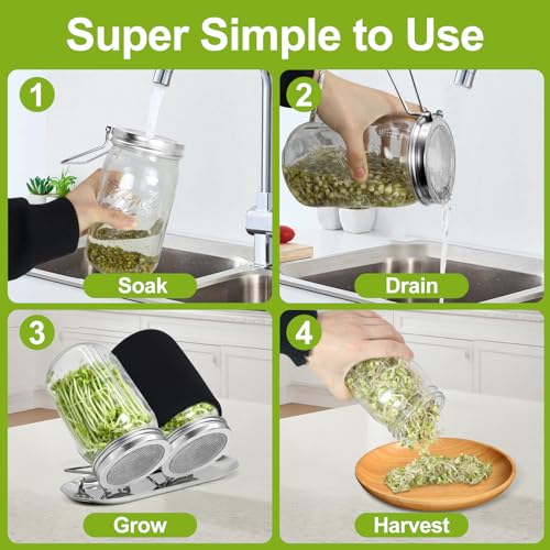 Uncle Yang Sprouting Lids Kit 2Pack Sprouting Lids for Wide Mouth Mason Jars with Stainless-Steel Sprouter Lids & Glass Mason Jars & Light-Blocking Sleeves for Broccoli, Alfalfa, Mung Bean - size: Sprouting Lids Kit 86mm