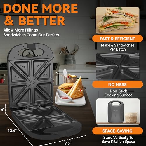 Baker’s Friend Breakfast Sandwich Maker, 4 Slices of Panini Grill Press Sandwich Maker, Electric Sandwich Maker with Indicator Light, Grill Cheese & Egg Muffin Sandwich Maker, Graphite - color: Sandwich Maker (Graphite)