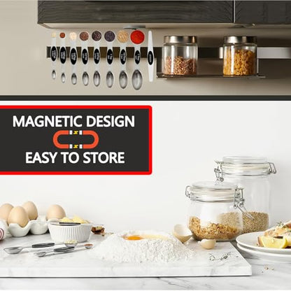 Magnetic Measuring Spoons Set,Heavy Duty Stainless Steel,Dual Sided Stackable Measuring Spoons Nesting Teaspoons Tablespoons for Measuring Dry and Liquid Ingredients,Set of 9 (Black) - color: Black