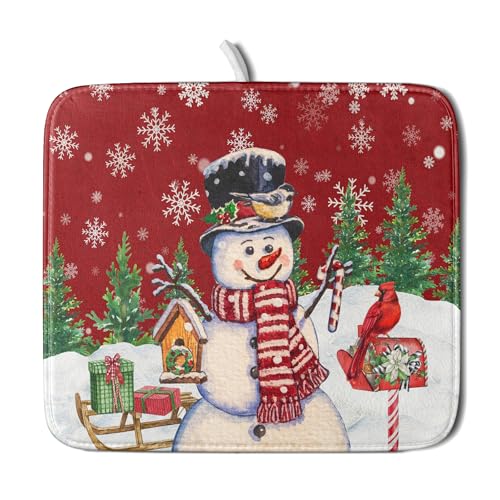Winter Snowman Dish Drying Mat Red Bird Microfiber Dish Pad 16x18 Inch Absorbent Fast Dry Dishes Draining Mats Holiday Kitchen Accessories - color: Red Winter Snowman, size: 16" x 18"