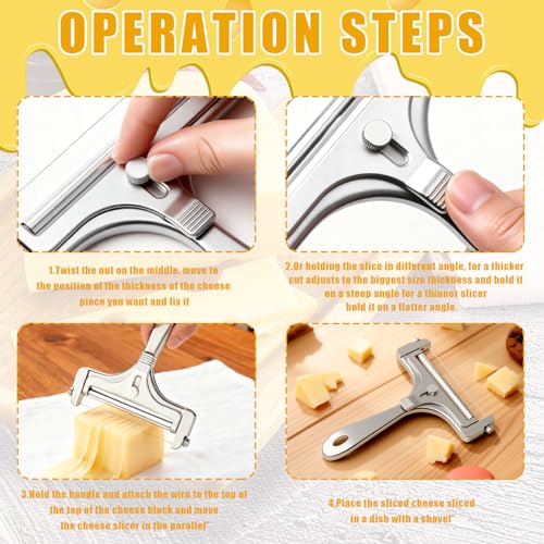 Stainless Steel Wire Cheese Slicer With 4 Extra Wires Adjustable Thickness, Handheld Cheese Cutter Butter Block Cutter for Cheddar, Gruyere, Raclette, Mozzarella Kitchen Slicing Tools