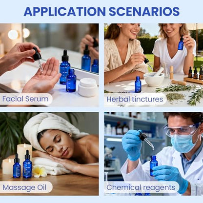 UPBUD 63 Pcs 1oz Blue Glass Dropper Bottles with Measurement, 30ml Leakproof Tincture Bottles with Funnels, Eye Droppers, Extra Caps & Labels, Refillable Empty Bottles for Tinctures, Essential Oils - color: Blue-1oz, size: 1oz