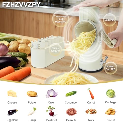 5 in 1 Cheese Grater with Rotary Hand Crank - Vegetable Chopper with Replaceable Stainless Blades, Strong Suction Base, Handle, Blade Storage Box, Easy-Clean Multipurpose Kitchen Slicer (White) - color: White