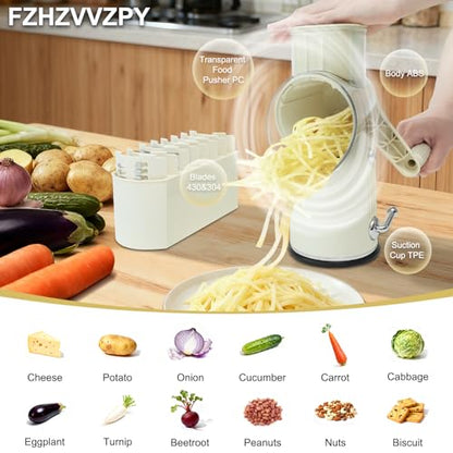 5 in 1 Cheese Grater with Rotary Hand Crank - Vegetable Chopper with Replaceable Stainless Blades, Strong Suction Base, Handle, Blade Storage Box, Easy-Clean Multipurpose Kitchen Slicer (White) - color: White