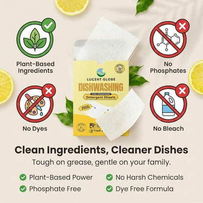 Lucent Globe Dishwasher Dishwashing Detergent Sheets, Dish Soap & Dishwasher Tablets Alternative. Plant-Based, Eco-Friendly, Fully Biodegradable, Lemon Scent (1 Pack of 64 Washes)