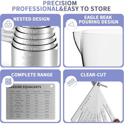 Stainless Steel Measuring Cups and Spoons Set, 6 Stainless Steel Measuring Cups, 7 Measuring Spoons & 1 Leveler, 3 Plastic Measuring Cup with 1 Measuring Conversion Chart - color: Sliver-Rectangle Measuring Spoons and Cups Set