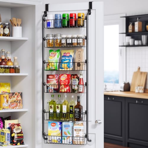 Delamu Over the Door Pantry Organizer, 6-Tier Metal Pantry Door Organization and Storage, Hanging Kitchen Basket Spice Rack Seasoning Shelves, Cabinet Door Organizer for Easy Install,D5xW18xH50inch - color: Black, size: 6 Tier-M