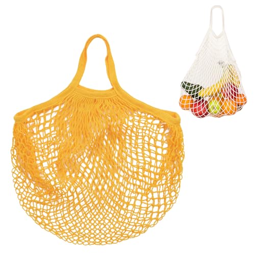 M METERXITY 1-Pack Cotton Mesh Bag, Reusable Washable Mesh Net String Grocery Bags, Reusable Produce Bags with Handle, Net Tote Bag for Fruits/Vegetables Shopping [Yellow, Short Handle] - color: Yellow