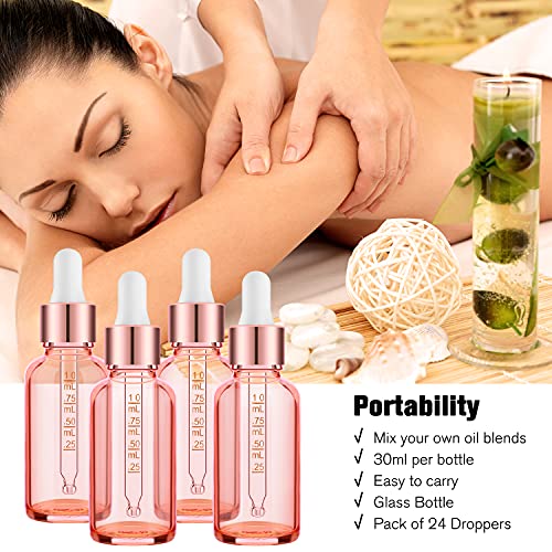 PrettyCare 4 Pack 1oz Dropper Bottles for Essential Oils with Labels, Funnel & Measured Pipettes, 30 ml Leak Proof Rose Glass Essential Oils Bottles- Empty Tincture Bottles for Personal Care & Beauty - color: 1oz Rose, style: 4 Pack