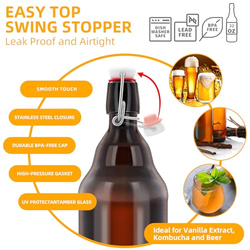 1Pc 32 oz Amber Glass Beer Bottles for Home Brewing with Flip Caps Refillable Brown Glass Storage Bottle with Swing Top Lids, Amber Iron Clasp Bottle 1000ML 1 Pack