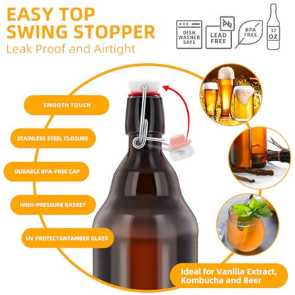 1Pc 32 oz Amber Glass Beer Bottles for Home Brewing with Flip Caps Refillable Brown Glass Storage Bottle with Swing Top Lids, Amber Iron Clasp Bottle 1000ML 1 Pack