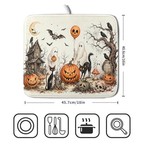 Giwawa Halloween Pumpkin Ghost Dish Drying Mat Black Cat Microfiber Dishes Pad 16x18 Inch Holiday Dish Drainer Rack Mats for Kitchen Counter Sink - color: Pumpkin Ghost, size: 16x18 inch