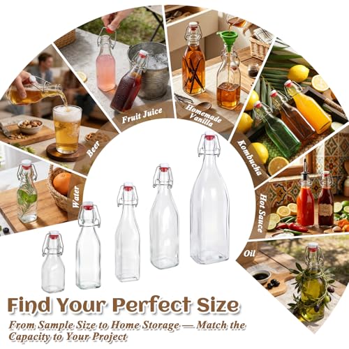 12 Pack 8oz Square Swing Top Glass Bottles – Flip Top Bottles with Stoppers for Vanilla Extract, Kombucha, Kefir, Home Brewing, Fermentation & Gifting, Includes 8 Extra Seals & 2 Pourers