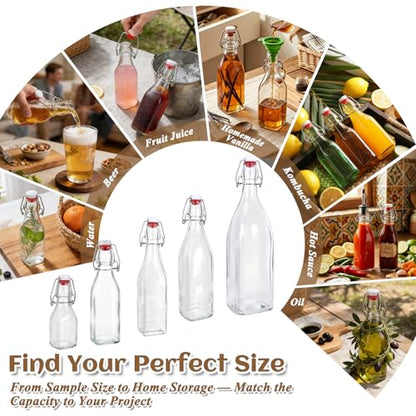 12 Pack 8oz Square Swing Top Glass Bottles – Flip Top Bottles with Stoppers for Vanilla Extract, Kombucha, Kefir, Home Brewing, Fermentation & Gifting, Includes 8 Extra Seals & 2 Pourers