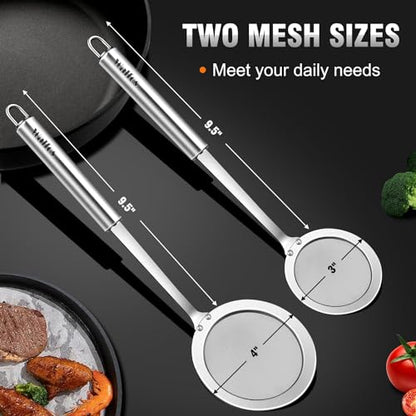 Walfos Fine Mesh Strainer and Fat Skimmer Spoon Set, Multipurpose Metal Strainers for Kitchen, Rice, Quinoa, Food, 304 Stainless Steel Fat Skimmer For Cooking, Fat, Grease, Floating Foam, 5 Pack - style: Strainers Skimmers Set
