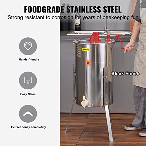 VEVOR 3 Frame Honey Extractor, Stainless Steel Manual Beekeeping Extraction, Honeycomb Drum Spinner with Transparent Lid, Apiary Centrifuge Equipment with Height Adjustable Stand - style: 3 Frame