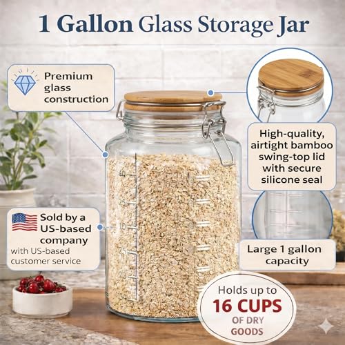 kitchentoolz 1 Gallon Mason Jars Wide Mouth with Airtight Bamboo Lids – Set of 2 Gallon Glass Jar with Lid – Large Mason Jars with Lids for Kitchen Pantry, Storage, and Canning - size: 2-pack