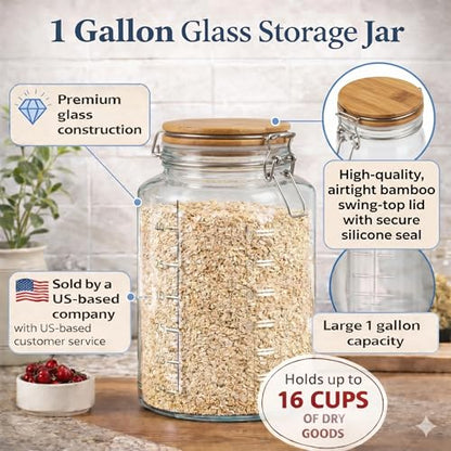 kitchentoolz 1 Gallon Mason Jars Wide Mouth with Airtight Bamboo Lids – Set of 2 Gallon Glass Jar with Lid – Large Mason Jars with Lids for Kitchen Pantry, Storage, and Canning - size: 2-pack