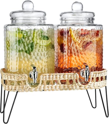 Beverage Dispensers - Set of 2 Glass Drink Dispensers with Metel Stand - 1.5-Gallon Capacity - Perfect for Lemonade, Juice, Water, Iced Tea, Punch (Wicker Design-Clear) - color: Wicker Design-Clear