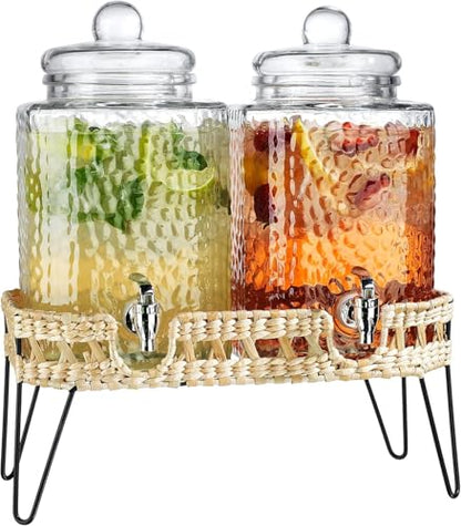 Beverage Dispensers - Set of 2 Glass Drink Dispensers with Metel Stand - 1.5-Gallon Capacity - Perfect for Lemonade, Juice, Water, Iced Tea, Punch (Wicker Design-Clear) - color: Wicker Design-Clear