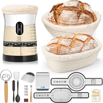 Coco Bird Pro Sourdough Starter Kit- 50oz Large Capacity Sourdough Starter Jar,17 Flavor Recipes,2 Bread Proofing Baskets,Food Scale,Bench Scraper,Bread Lame,Complete Sourdough Bread Baking Supplies