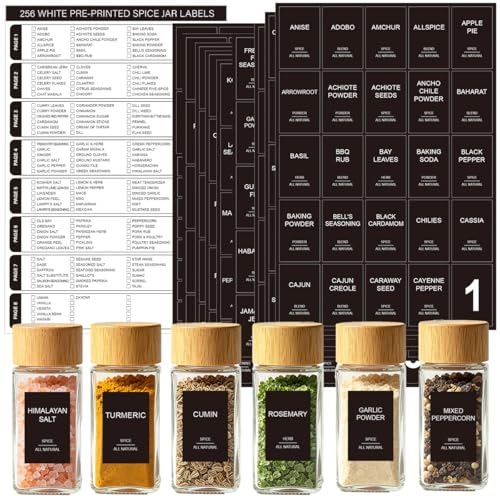 256 Spice Labels Minimalist Waterproof Spice Jar Stickers Removable Oil-Resistant Preprinted Spice with Blank Label for Kitchen Herb & Seasoning Labels Food Containers Organizers Storage Bins - color: Black