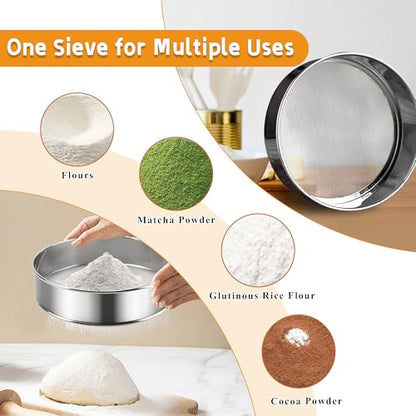 3-Piece Fine Mesh Sieve Set with brush and spatula, Stainless Steel Round Flour Sifter for Baking, Straining and Sifting, Includes 8-Inch 60 Mesh, 6-Inch 40 Mesh and 4-Inch 40 Mesh Sieves