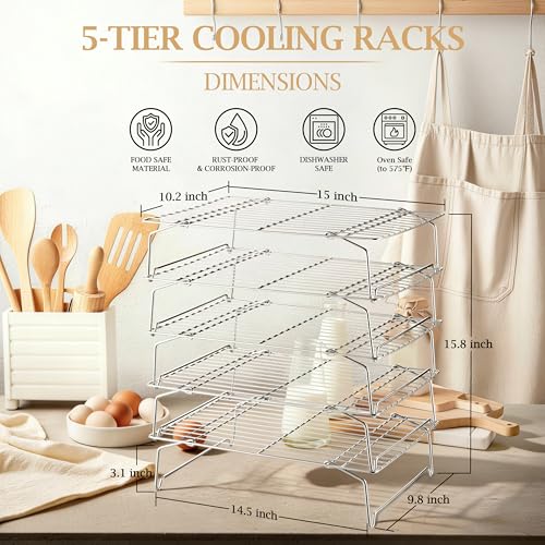 LIANYU Cooling Rack 15"x10", 5-Tier Stackable & Collapsible Stainless Steel Baking Wire Racks for Cooking, Baking, Roasting, Drying, Oven & Dishwasher Safe, Silver