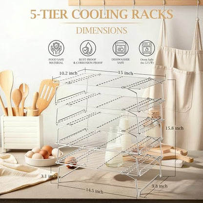 LIANYU Cooling Rack 15"x10", 5-Tier Stackable & Collapsible Stainless Steel Baking Wire Racks for Cooking, Baking, Roasting, Drying, Oven & Dishwasher Safe, Silver