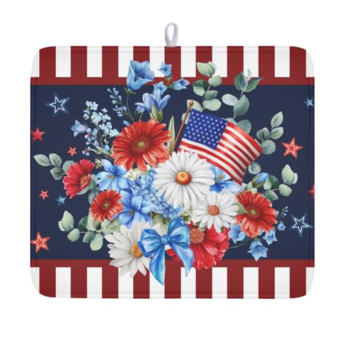 4th of July Dish Drying Mat for Kitchen Counter Patriotic Red Blue and White Floral American Flag Microfiber Dish Drainer Mat Absorbent Washable Drying Pad Extra Large 16"x18" - color: Patriotic Flowers, size: 18" x 16"