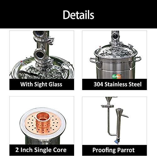 YUEWO 110V Electric 304 Stainless Steel Alcohol Distiller Flute Reflux Column Still with Sight Glasses Wine Making Kit for DIY Whisky Wine Brandy Gin - size: 20Liters/5Gal