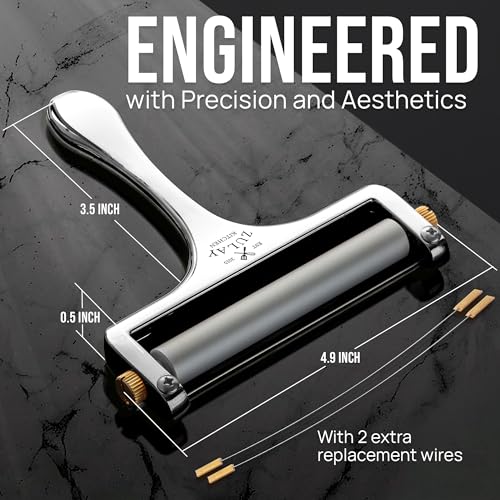 Zulay Kitchen Stainless Steel Wire Cheese Slicer - Adjustable Hand Held Cheese Cutter with 2 Extra Wires - Premium Cheese Knife for Mozzarella, Cheddar, Gruyere - Cheese Cutter with Wire (Silver) - color: Silver