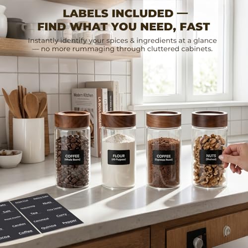 4 Pack 13 oz Glass Spice Jars with Airtight Wood Lids - 15cm Tall Small Storage Food Containers with Labels for Pantry Organization, Herb, Seasoning, Sugar, Coffee Bean, Tea