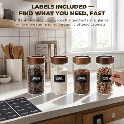4 Pack 13 oz Glass Spice Jars with Airtight Wood Lids - 15cm Tall Small Storage Food Containers with Labels for Pantry Organization, Herb, Seasoning, Sugar, Coffee Bean, Tea