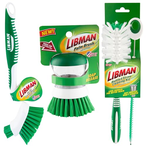 Libman Bottle & Dish Brush Kit | Cleaning Brushes for Kitchen Use | Straw Brush | Scrub Brushes for Dishes | Big Job Kitchen Brush | Palm Scrub Brush | 3 Different Brushes & Straw Cleaner Included - style: Bottle & Dish Brush Kit