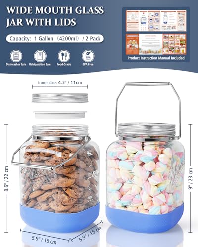 1 Gallon Glass Jars with Airtight Lid, 4.3" Wide Mouth Mason Jars, 2 PCS | Metal Screw Lid, Silicone Inner Lid, Handle and Non-Slip Base, BPA Free, 128 oz, Storage Containers for Flour, Sugar and Food