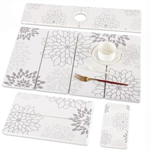 Stone Drying Mat for Kitchen Counter 3-Pack, Soft Diatomaceous Earth Absorbent Mat Set, Quick Dry Stone Faucet Splash Guard & Small Drying Pad, Foldable Diatomite Stone for Pet, Plant & Bath - color: White Floral