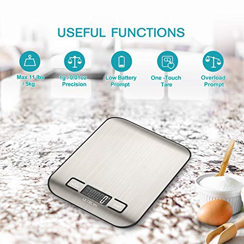 Ultrean Food Scale, Digital Kitchen Scale with LCD Display, Weight Grams and Ounces for Baking Cooking and Meal Prep, 6 Units with Tare Function, 304 Stainless Steel, 11lb (Batteries Included) - size: Medium-Digital