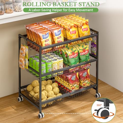 3-Tier Rolling Pantry Floor Organizer Cart with 6 Detachable Baskets, Metal Wire Fruit Basket Stand with Wheels, Kitchen Storage Cart for Fruit Vegetables, Snack Cart for Pantry Kitchen Living Room - size: 3-tier 6 baskets