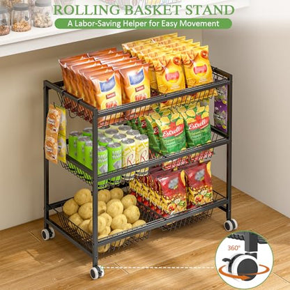 3-Tier Rolling Pantry Floor Organizer Cart with 6 Detachable Baskets, Metal Wire Fruit Basket Stand with Wheels, Kitchen Storage Cart for Fruit Vegetables, Snack Cart for Pantry Kitchen Living Room - size: 3-tier 6 baskets