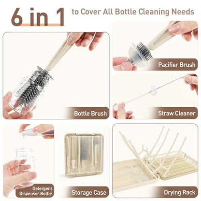 Baby Bottle Brush Set, 6-in-1 Travel Bottle Cleaner Kit with Silicone Bottle Brush, Nipple & Straw Brush, Soap Dispenser, Drying Rack, Storage Box – Compact Baby Travel Essential for Home & On-The-Go - color: Beige