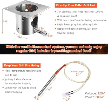 SUS304 Stainless Steel Fire Burn Pot and Hot Rod Ignitor Kit Replacement Parts for Traeger & Pit Boss Wood Pellet Grill Smoker, Induction Fan, 2.0 RPM Auger Motor with Ash Remover, Screws & Fuse - size: L1 Fire Burn Pot + Ignitor + Motor + Fan