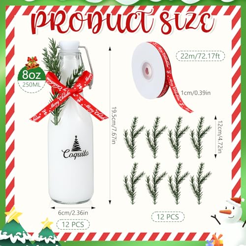 Sieral 12 Pack Christmas Coquito Glass Bottle 8oz Clear Flip Swing Top Beer Brewing Bottles with Ribbon and Artificial Branches for Liquids Wine Christmas Tree Xmas Gifts - style: Plain