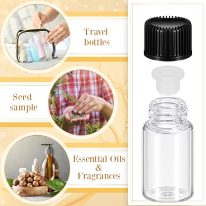 Lallisa 100 Pcs 3ml Glass Vials with Black Screw Caps and Plastic Stoppers, 0.1 oz Clear Small Leakproof Bottles Bulk, Mini Liquid Sample Vials for Essential Oils, Sample, DIY Craft - color: Clear with Black Cap, size: 3 ml