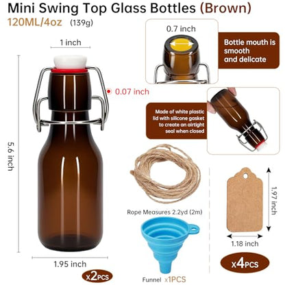 2Pcs 4 oz Amber round Mini Swing Top Glass Bottles with Stoppers Small Flip Top Bottles with Airtight Lids for Crafts Decoration Wedding Themed Party Favors (2)