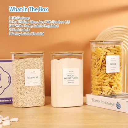 3 Pack Square Glass Pantry Storage Containers with 132 Kitchen Food Pantry Labels - 51 floz Clear Glass Pantry Jars with Airtight Wood Bamboo Lids - Glass Canisters for Candy, Cereal, Coffee, Spice - size: 51oz-3pack