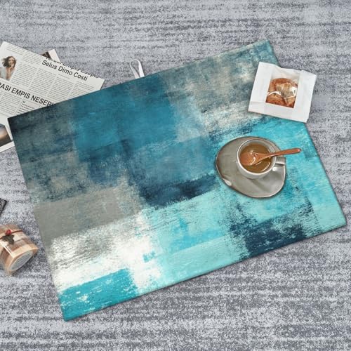 Teal and Grey Dish Drying Mat Abstract Art Painting Turquoise White Geometric Blue Drying Rack Pad Countertop Dishes Ultra Absorbent Microfiber Kitchen Counter Mat 18x24 Inch - color: Teal