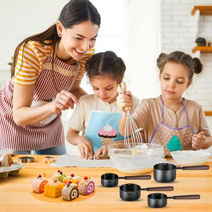 4Pcs Measuring Cups with Wooden Handle, Black Stainless Steel Measuring Cups Scoops Set, Dog Food Scoop for Kitchen Flour Spice Seasoning Measurement Cooking (1, 1/2, 1/3, 1/4 Cup)