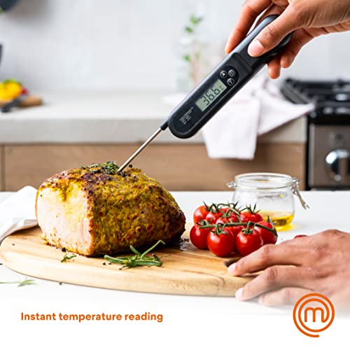 MasterChef Meat Thermometer Digital, Temperature Probe for Food (Steak, Chicken) & Liquids (Coffee, Tea, Milk), Portable BBQ Grill Gadget, Instant Read LED Display (°F & °C), Foldable, Black